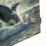 Close-up of an acrylic glass wall art piece showcasing a vibrant orca design, featuring intricate marine life details in blues and whites, perfect for ocean-themed decor.