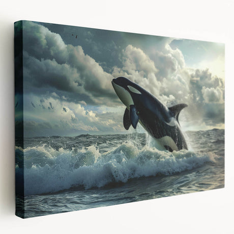 Stretched canvas wall art featuring a vibrant orca design, showcasing rich colors and intricate details, perfect for marine life enthusiasts and home decor.