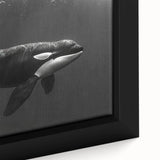 Close-up of a framed canvas wall art piece featuring a vibrant orca design, showcasing intricate marine life details and bold colors, perfect for ocean-themed decor.