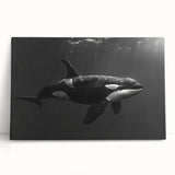 Stretched canvas wall art showcasing a vibrant orca design, featuring detailed marine life elements, perfect for ocean-themed decor in any setting.