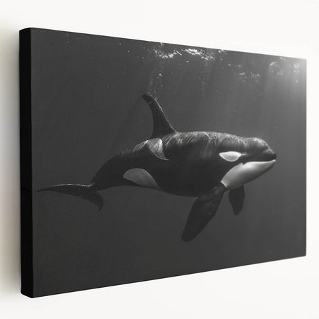 Orca wall art design on stretched canvas showcasing vibrant marine life colors, perfect for ocean-themed decor. Ideal for adding a unique touch to any room.