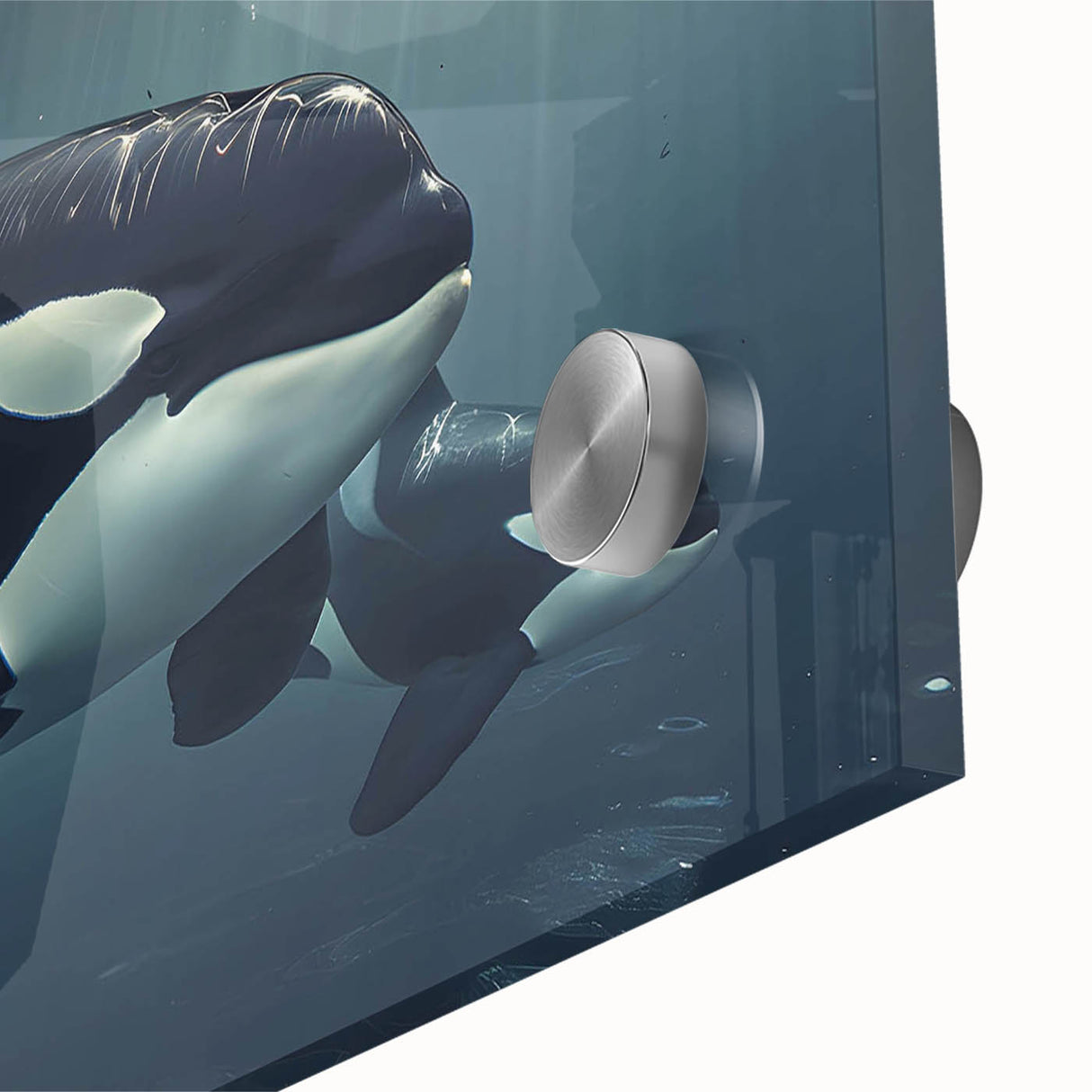 Close-up view of vibrant acrylic wall art depicting marine life, featuring an orca design with intricate details and rich colors, ideal for ocean-themed decor.