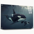Acrylic wall art featuring a vibrant orca design from the Marine Life collection, showcasing intricate details and colors, displayed with stylish pins for a modern look.