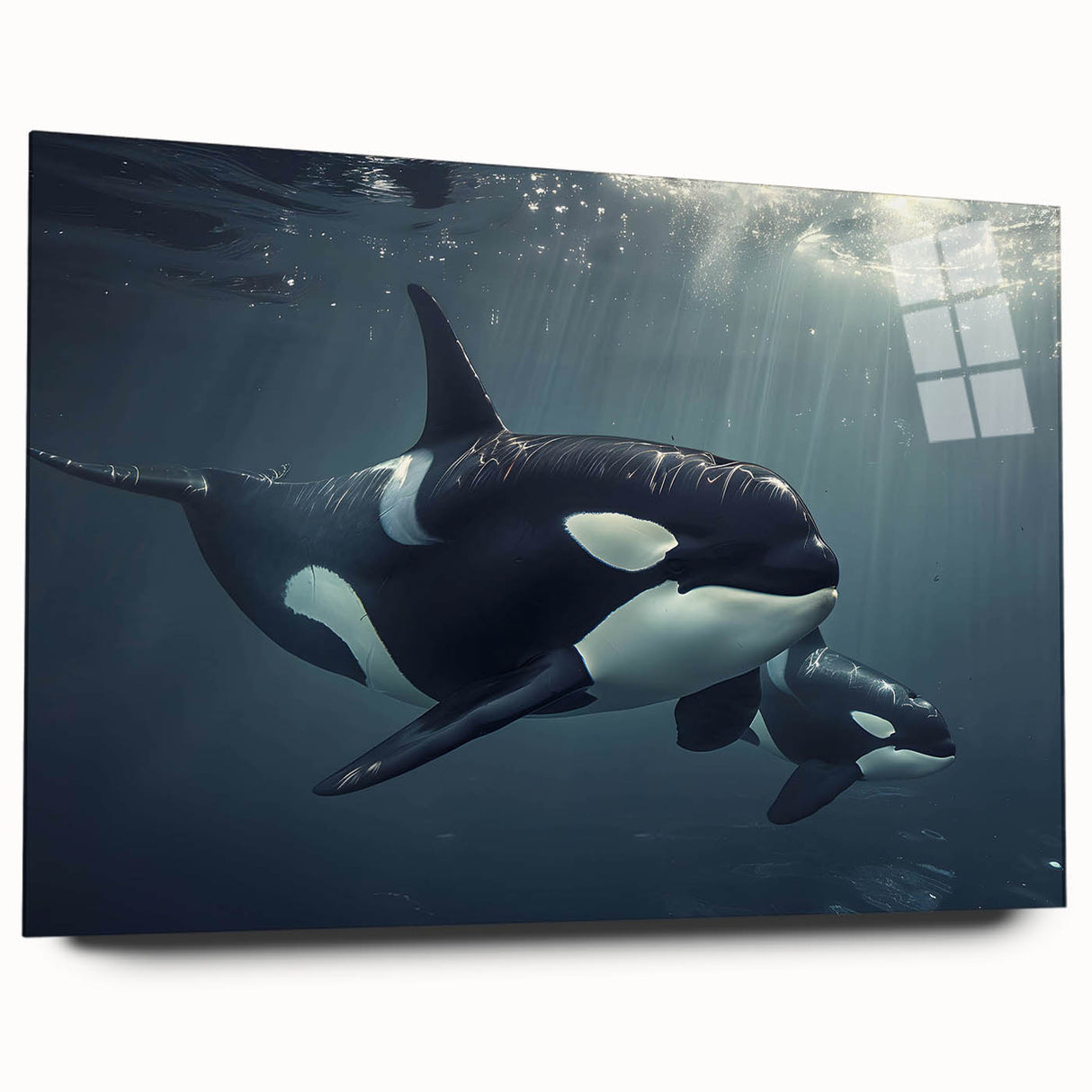 Acrylic wall art piece showcasing a vibrant orca marine life design, featuring bold colors and intricate details, displayed in a side view without pins. Ideal for ocean-themed decor.
