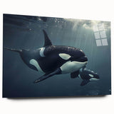 Acrylic wall art piece showcasing a vibrant orca marine life design, featuring bold colors and intricate details, displayed in a side view without pins. Ideal for ocean-themed decor.