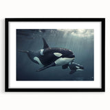 Framed marine life wall art featuring a striking orca design in vibrant colors, presented in a sleek black frame with a white mat, perfect for ocean-themed decor.