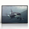 Framed wall art featuring a striking orca design, set against a black background, showcasing marine life in vibrant colors. Ideal for ocean-themed decor.