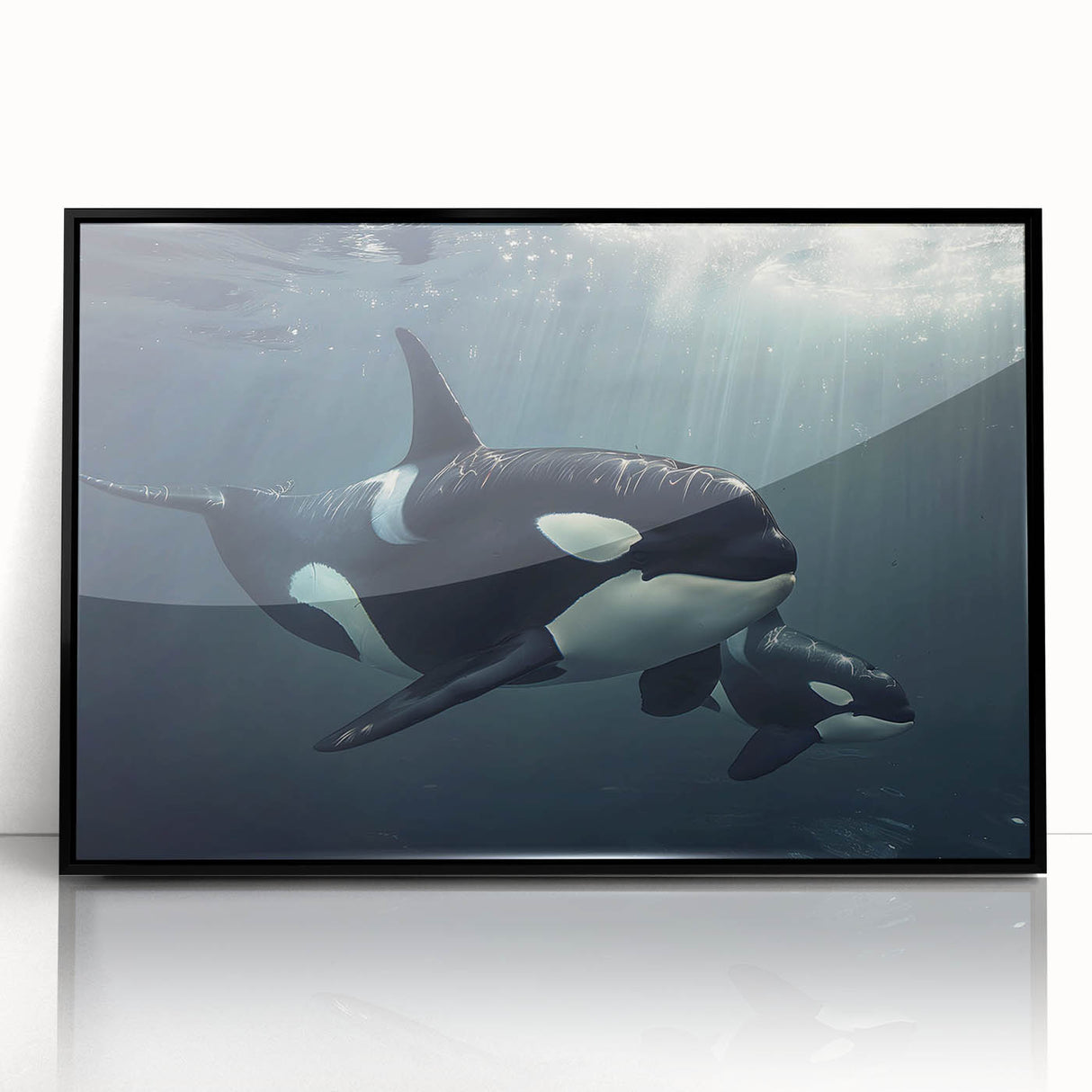 Framed wall art featuring a striking orca design, set against a black background, showcasing marine life in vibrant colors. Ideal for ocean-themed decor.