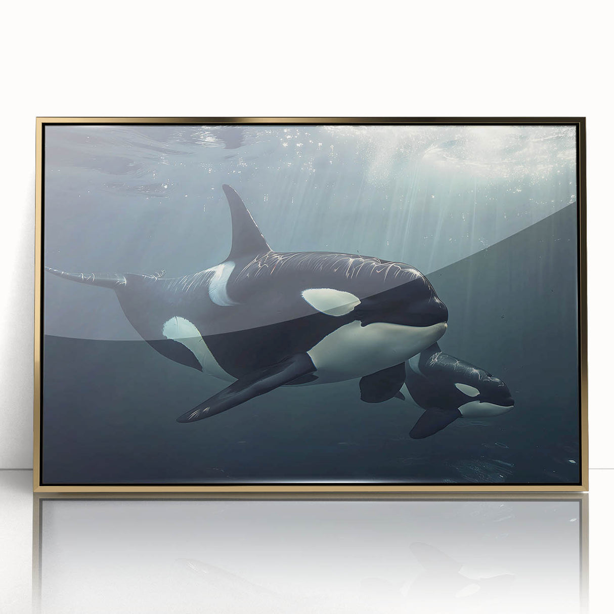 Framed acrylic wall art showcasing a striking orca design in a gold frame, perfect for marine life enthusiasts, enhancing any interior decor with elegance.