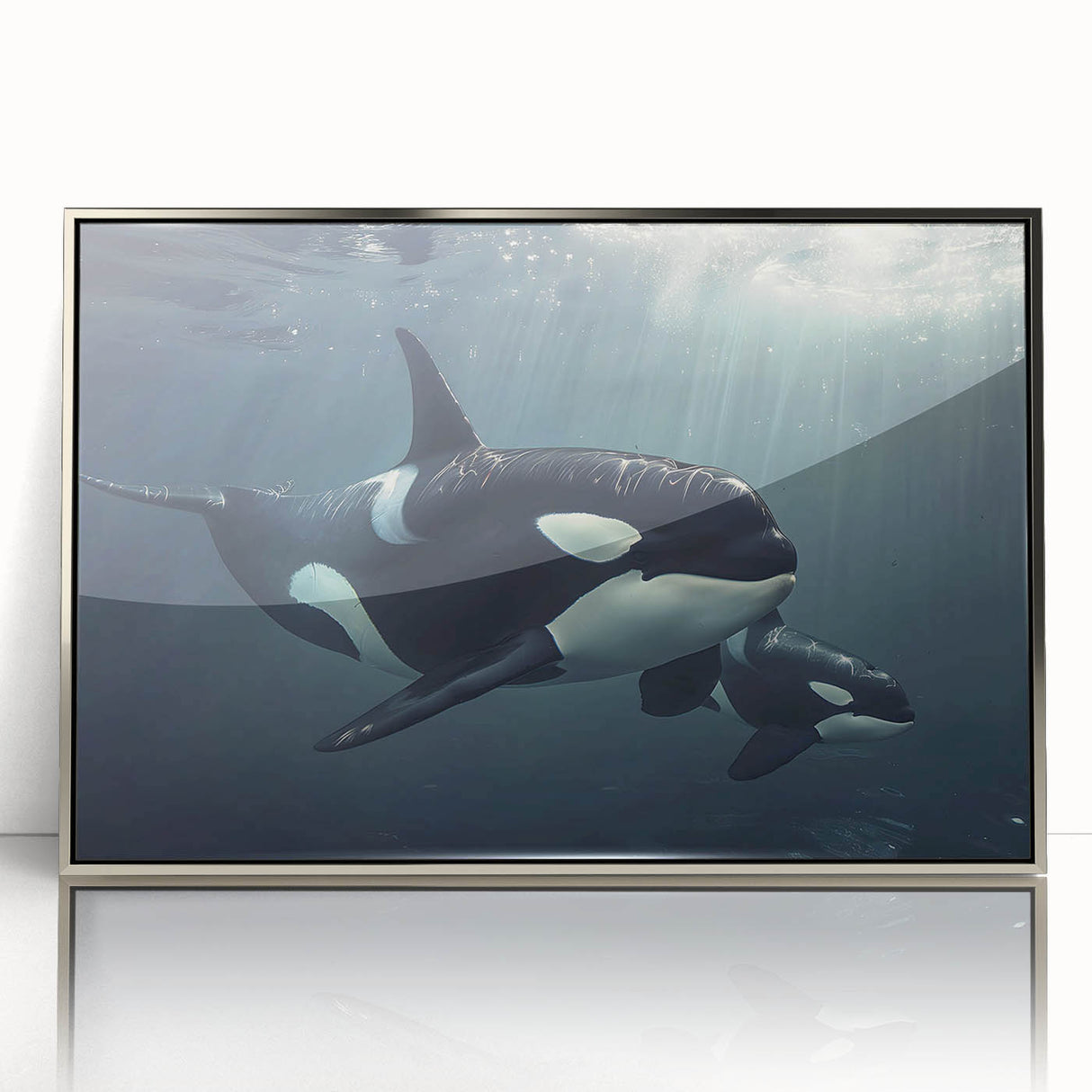 Framed acrylic wall art showcasing an orca design, featuring vibrant marine life colors and a sleek silver frame, ideal for ocean-themed décor.