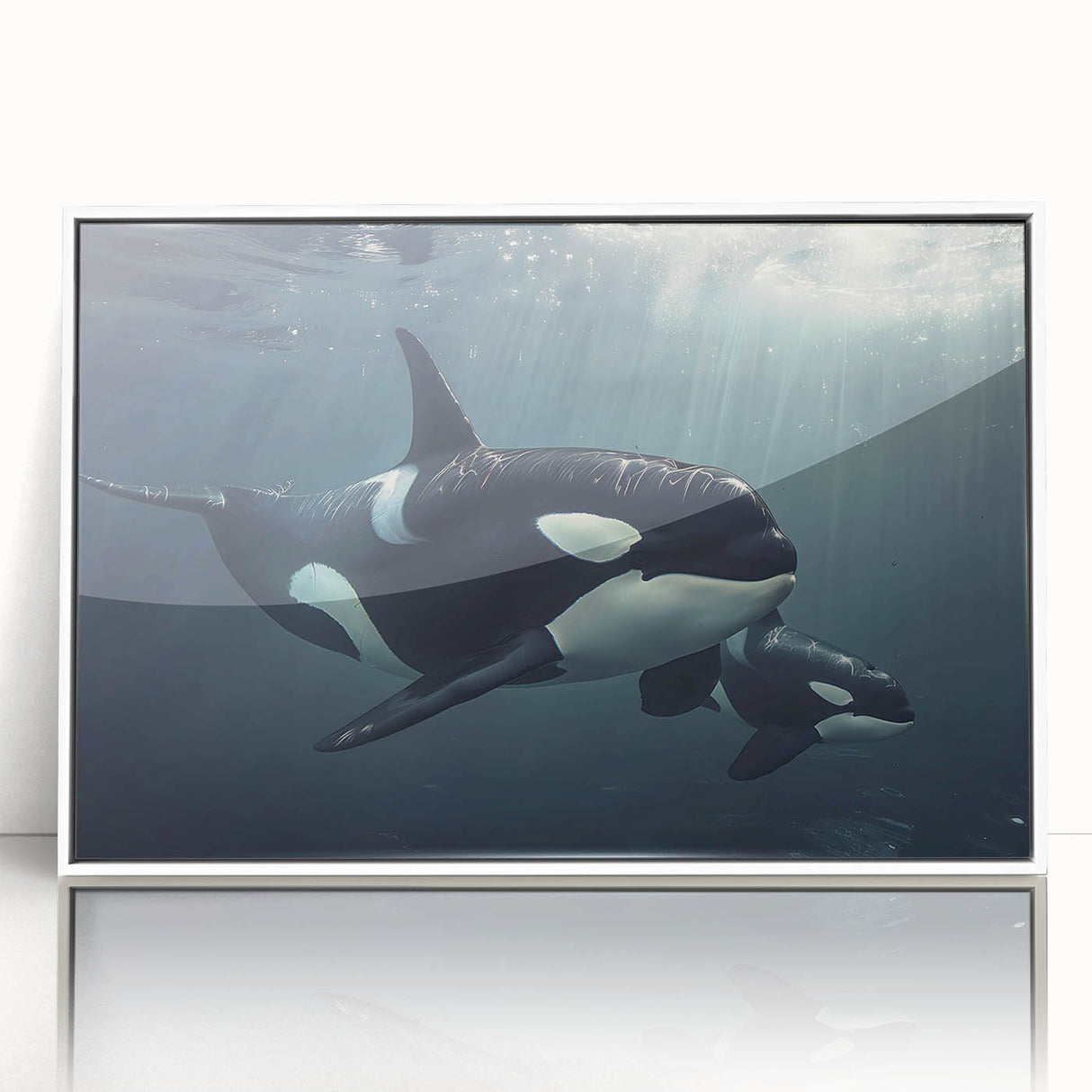 Framed acrylic wall art showcasing a vibrant orca design, featuring rich blues and whites, ideal for marine-themed decor. Perfect for ocean lovers and modern interiors.