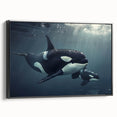 Framed canvas wall art featuring a stunning black and white orca design from the Marine Life Collection, showcasing intricate details and a modern aesthetic, perfect for ocean-themed decor.