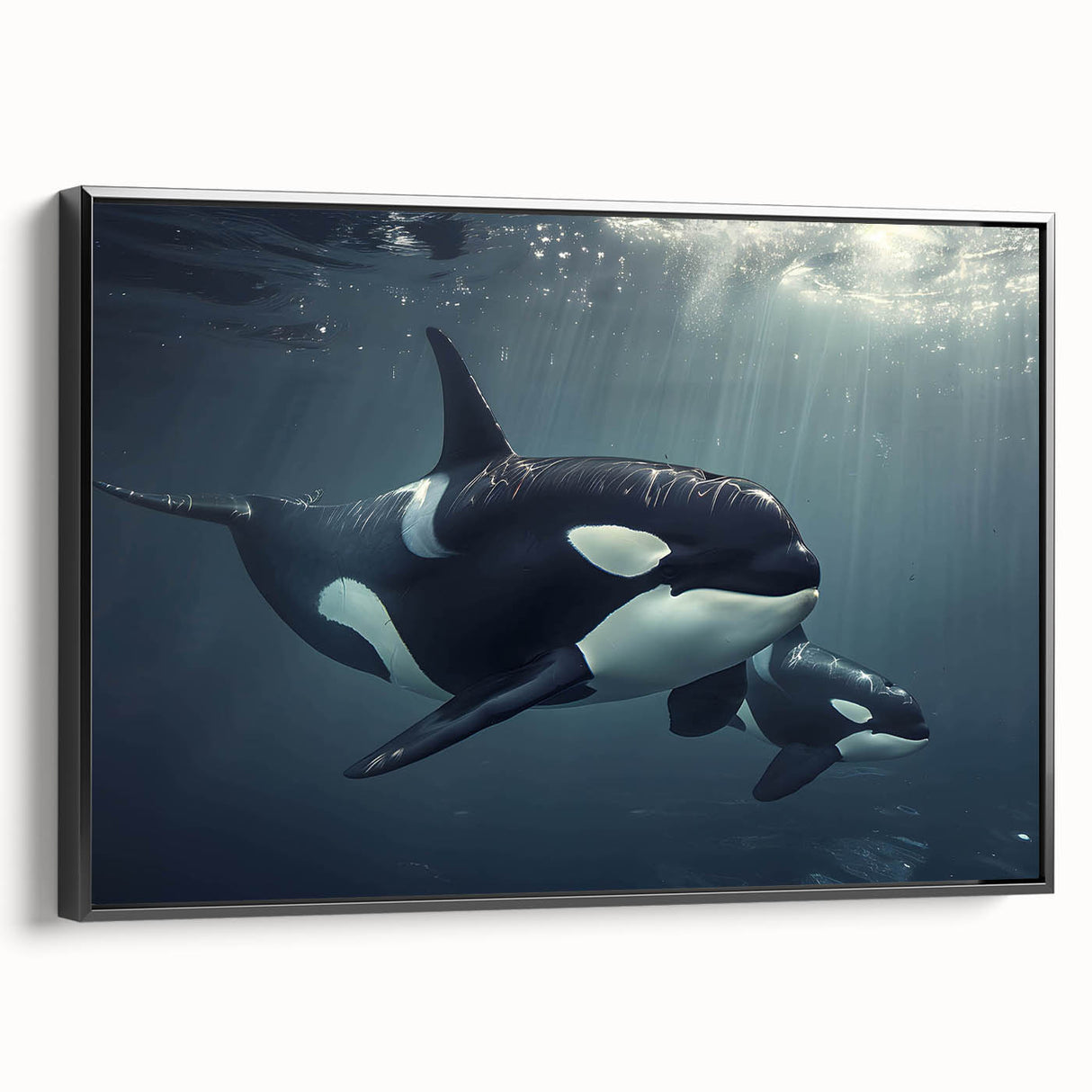 Framed canvas wall art featuring a stunning black and white orca design from the Marine Life Collection, showcasing intricate details and a modern aesthetic, perfect for ocean-themed decor.