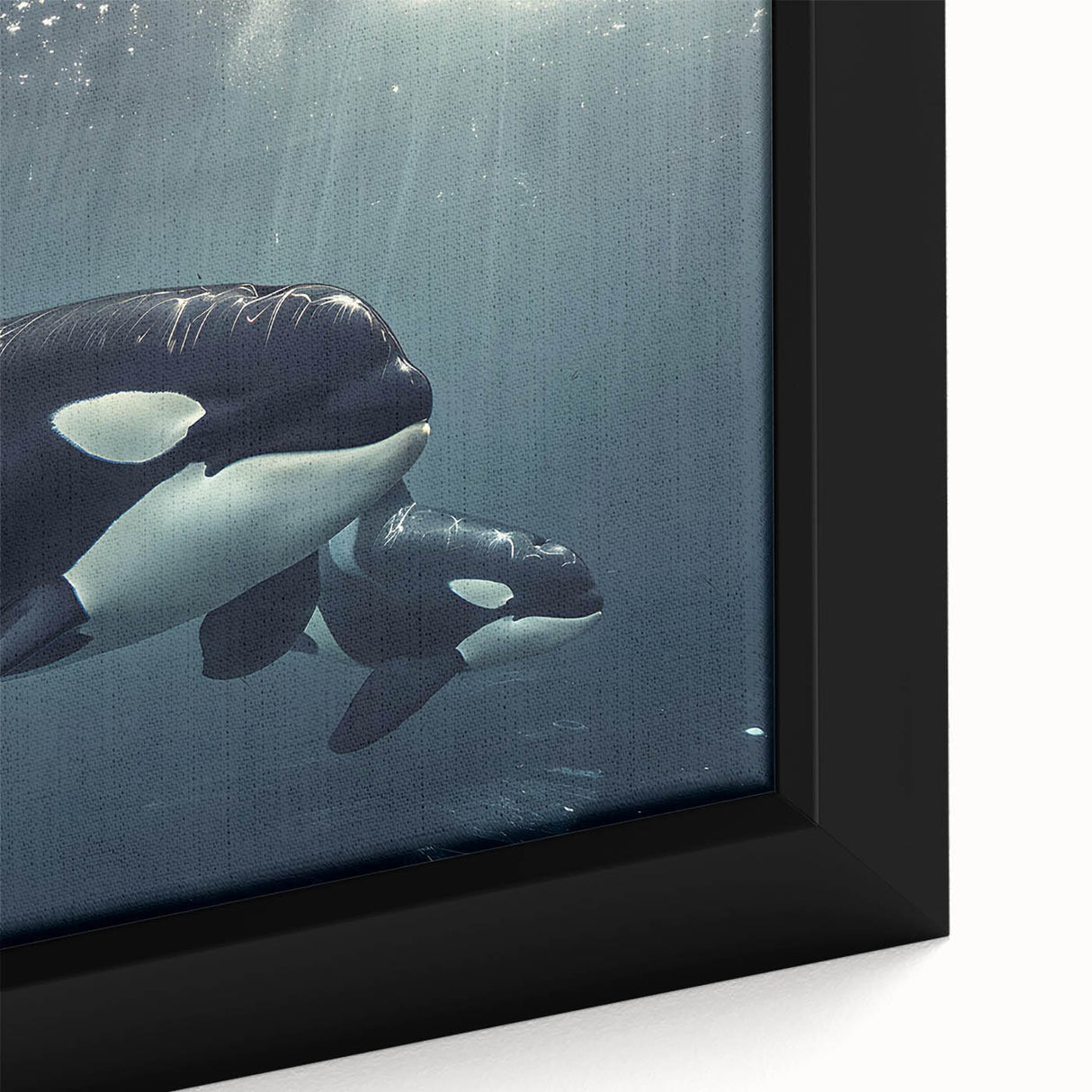 Close-up of a framed canvas wall art featuring an orca design, showcasing vibrant colors and intricate marine life details, perfect for ocean-themed decor.