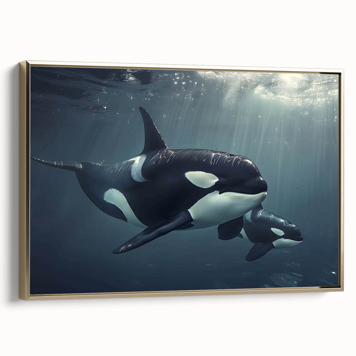Framed wall art featuring a stunning orca design in vibrant colors, elegantly presented with a gold frame, perfect for marine life enthusiasts and home decor.