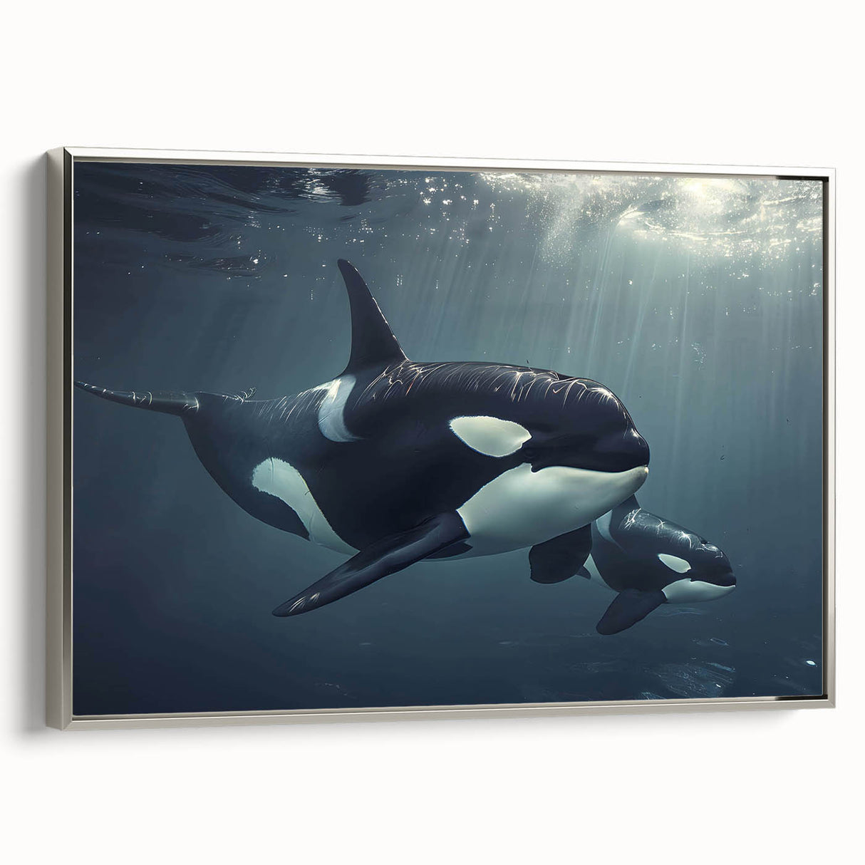 Framed wall art featuring a stunning orca design in vibrant colors, elegantly displayed on a silver background, perfect for marine life enthusiasts and home decor.