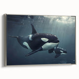 Framed wall art featuring a stunning orca design in vibrant colors, elegantly displayed on a silver background, perfect for marine life enthusiasts and home decor.