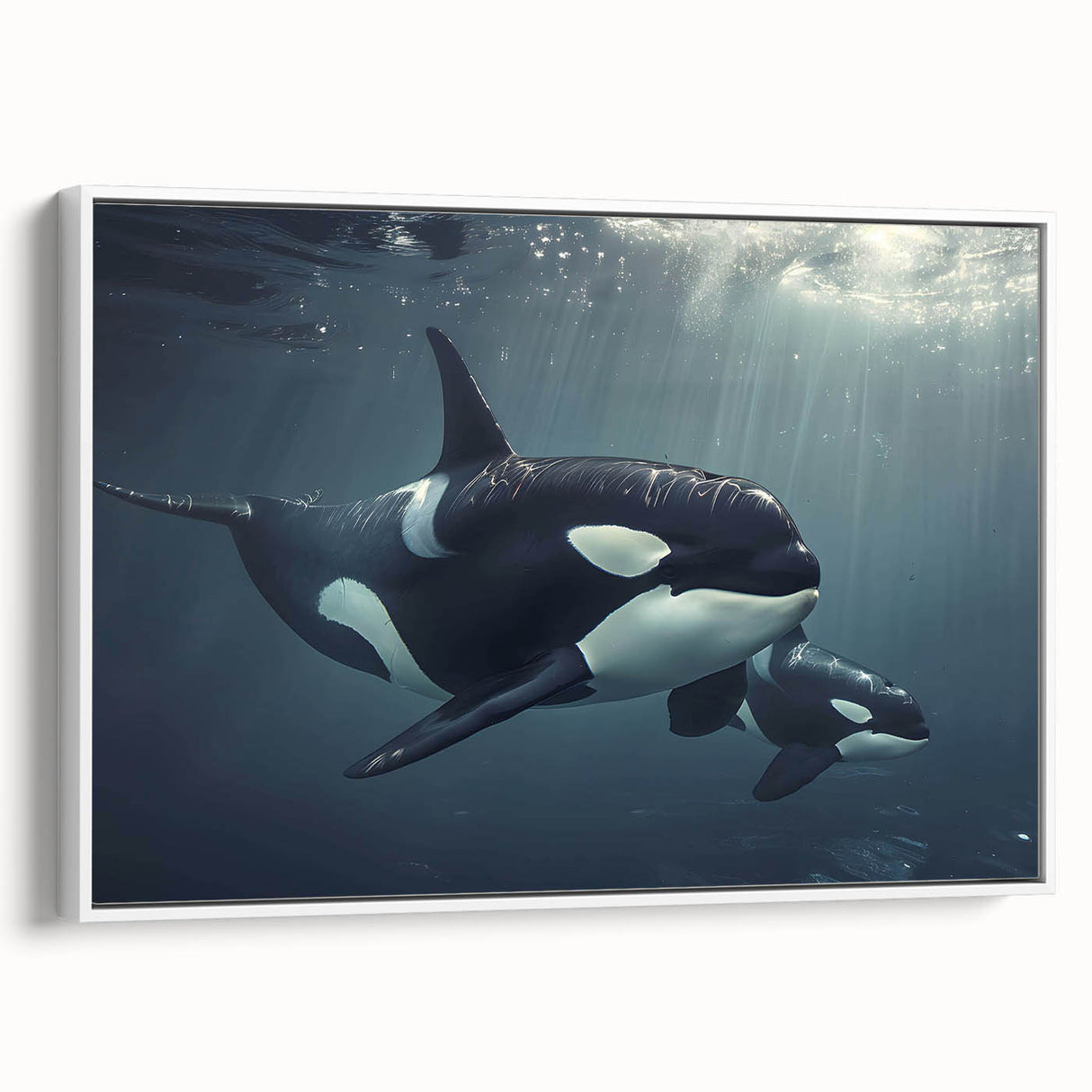 Framed wall art featuring a striking orca design from the Marine Life collection, showcasing vibrant colors on a white background, ideal for ocean-themed decor.