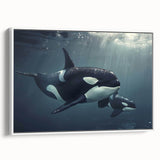 Framed wall art featuring a striking orca design from the Marine Life collection, showcasing vibrant colors on a white background, ideal for ocean-themed decor.