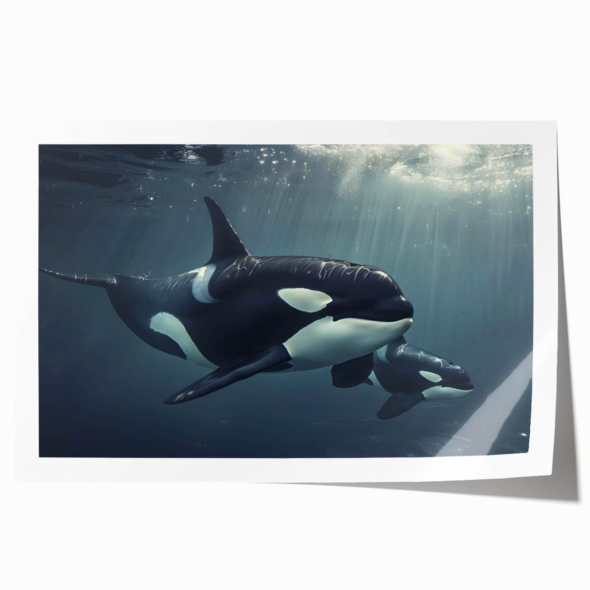 Orca-inspired wall art print showcasing vibrant marine life colors, rolled for easy shipping and display, perfect for ocean-themed decor enthusiasts.