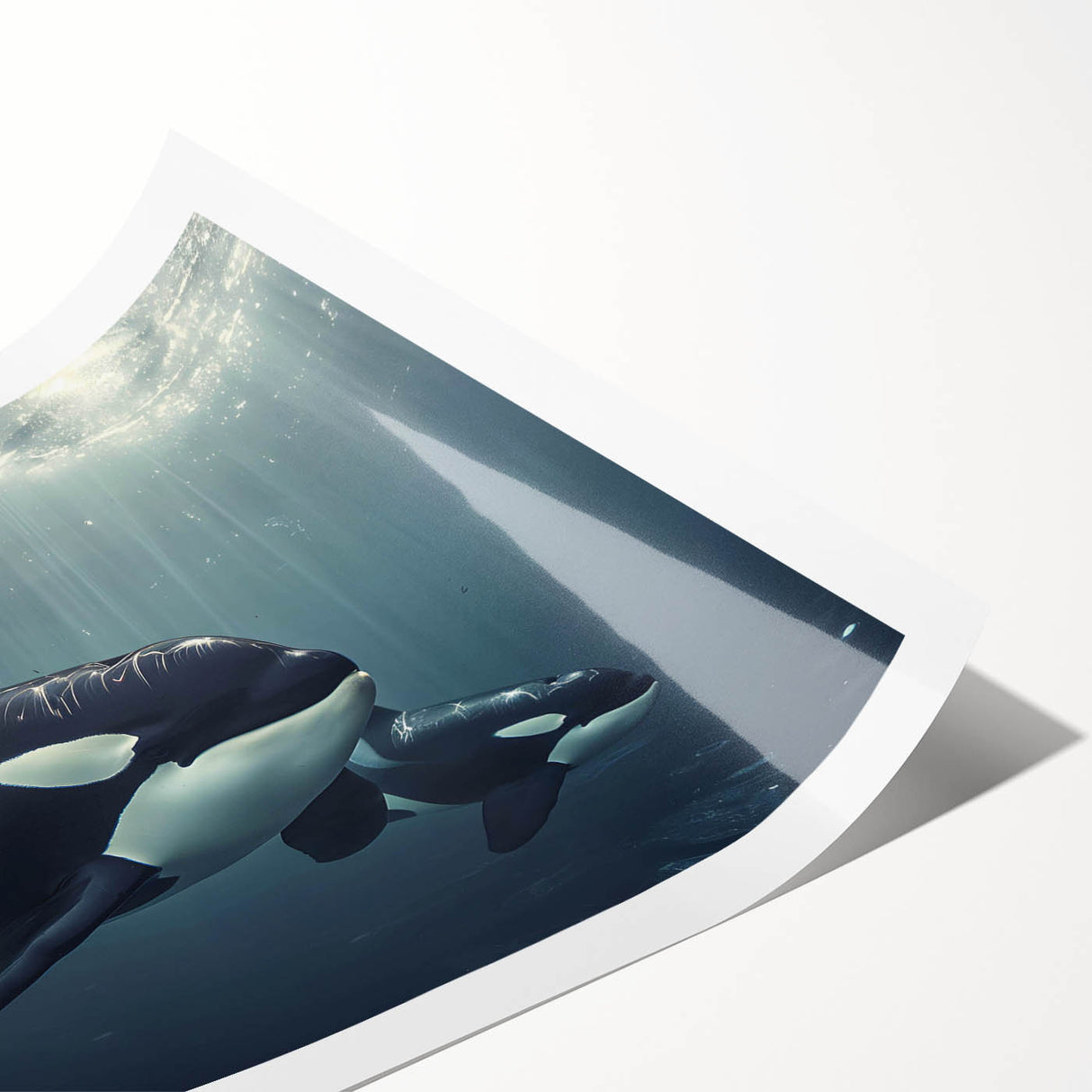 Orca wall art print featuring vibrant marine life design, showcasing a striking black and white orca whale against a blue ocean backdrop, rolled for easy display.