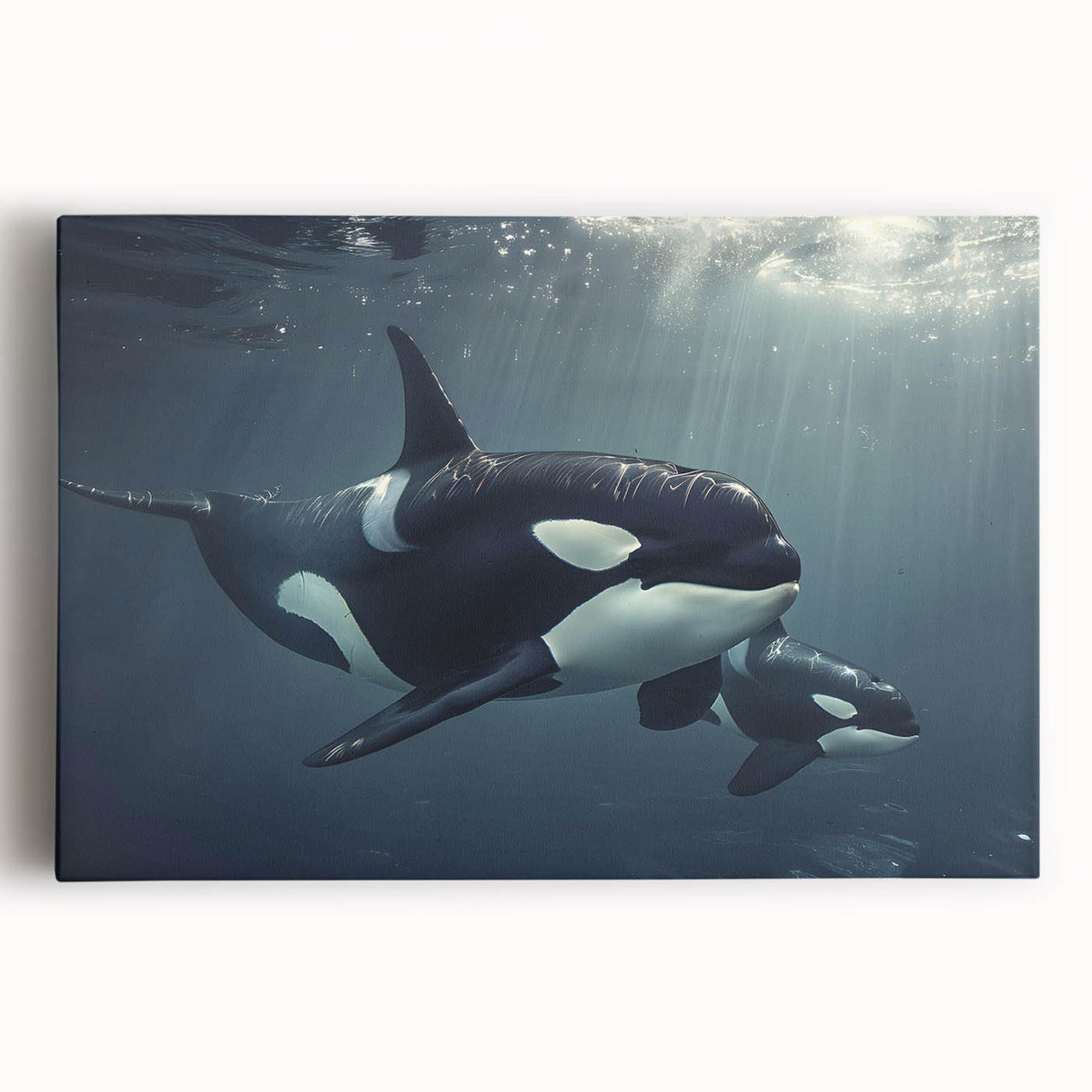 Stretched canvas wall art featuring a striking orca design, showcasing detailed marine life in vibrant colors. Perfect for ocean-themed decor in homes or offices.