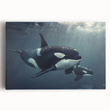 Stretched canvas wall art featuring a striking orca design, showcasing detailed marine life in vibrant colors. Perfect for ocean-themed decor in homes or offices.