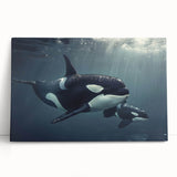 Stretched canvas wall art featuring a striking orca design, showcasing vibrant colors and intricate details, perfect for marine life enthusiasts and home decor.