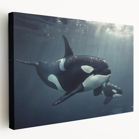 Vibrant stretched canvas wall art showcasing a striking orca design, featuring bold colors and intricate details, perfect for marine life enthusiasts’ decor.