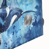 Close-up of a vibrant acrylic glass wall art piece featuring a majestic orca design, showcasing intricate marine life details and colors, ideal for ocean-themed decor.