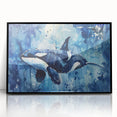 Framed acrylic wall art featuring a striking orca design, showcasing vibrant marine life colors against a sleek black frame, perfect for ocean-themed decor.