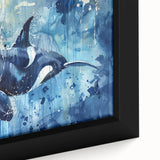 Close-up of a framed canvas wall art featuring a vibrant orca design, showcasing intricate marine life details and bold colors, ideal for ocean-themed decor.