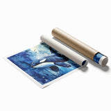 Orca wall art print showcasing vibrant marine life design in bold colors, perfect for ocean-themed decor. Ideal for enhancing living spaces with a touch of nature.
