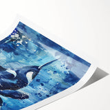 Vibrant wall art print featuring a stunning orca design, showcasing intricate marine life details in rich colors, ideal for ocean-themed decor. Perfectly rolled for easy display.