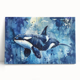 Stretched canvas wall art showcasing a striking orca design, featuring vibrant colors and intricate details, perfect for marine life enthusiasts and modern decor.