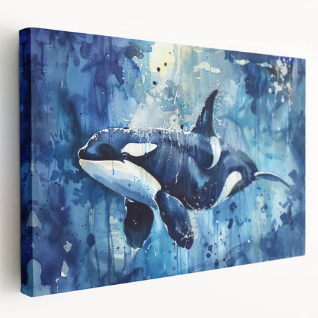 Stretched canvas wall art featuring a vibrant orca design, showcasing detailed marine life elements in a side view perspective, perfect for ocean-themed decor.