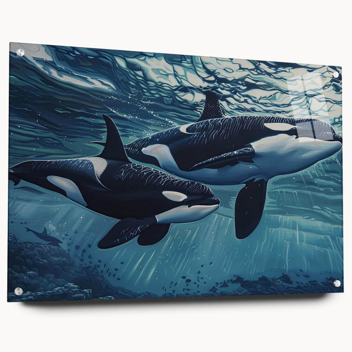 Stunning acrylic wall art featuring an orca design from the marine life collection, showcasing vibrant colors and intricate details, ideal for ocean-themed decor.