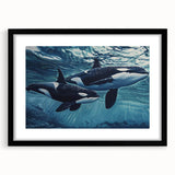 Framed wall art featuring a striking orca design in vibrant colors, set against a black mat, perfect for marine life enthusiasts and home decor.