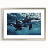 Front view of a silver-framed wall art piece featuring a stunning orca design, showcasing vibrant marine life colors and intricate details, perfect for ocean-themed decor.