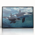 Framed acrylic wall art featuring a vibrant orca marine life design against a black background, ideal for ocean-themed home decor and art enthusiasts.