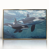 Framed wall art showcasing a stunning orca design, featuring vibrant marine life colors on a sleek acrylic surface with a gold frame, perfect for ocean-themed decor.