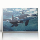 Framed wall art showcasing a stunning orca design in vibrant colors, set against a white background, ideal for marine life enthusiasts and home decor.