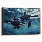 Framed canvas wall art showcasing a stunning orca design, featuring intricate marine life details against a black background, ideal for ocean-themed decor.