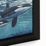 Close-up of a framed canvas wall art featuring a vibrant orca design, showcasing intricate marine life details in bold colors, perfect for ocean-themed decor.