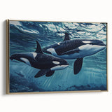 Framed canvas wall art showcasing a stunning orca design in a marine life theme, featuring gold accents and a sleek side view, perfect for ocean lovers' decor.
