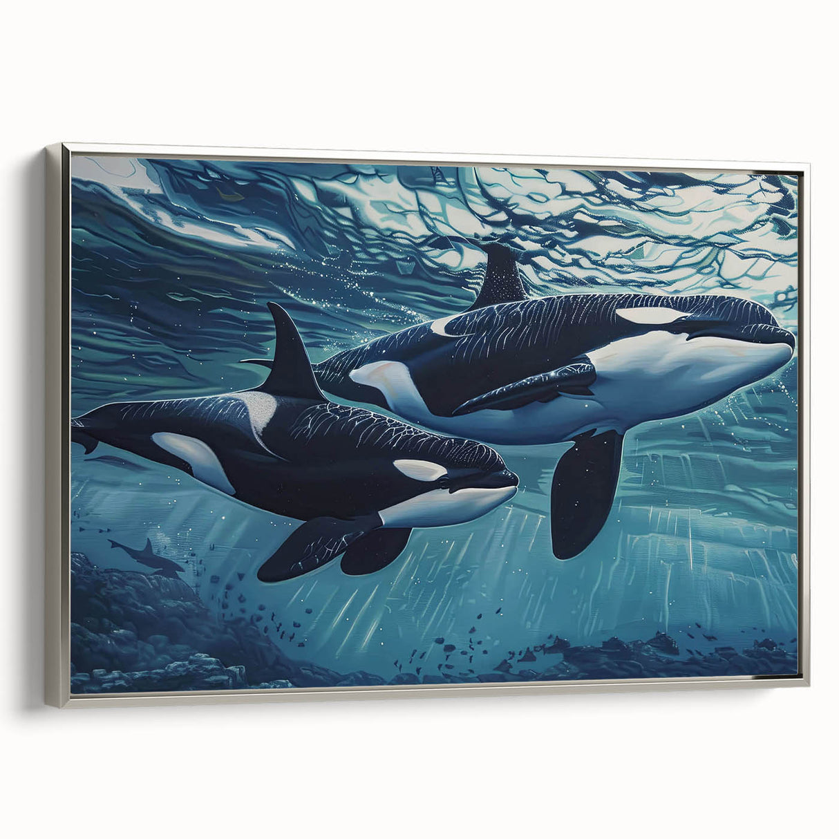 Framed wall art featuring a striking orca design with vibrant colors, set against a sleek silver border, perfect for marine life enthusiasts and modern decor.