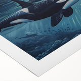 Orca design wall art on rolled canvas, showcasing vibrant marine life colors against a serene blue background, ideal for ocean-themed decor. Perfect for enhancing any coastal-inspired space.