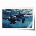 Orca design wall art print showcasing vibrant ocean colors and intricate details, rolled and packaged in a durable tube for easy display and shipping.