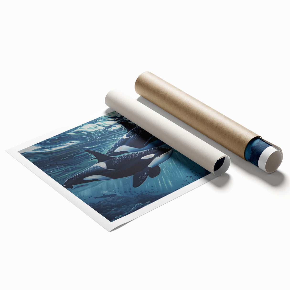 Vibrant rolled print of an orca whale design, showcasing intricate marine life details and bold colors, ideal for ocean-themed decor or wildlife enthusiasts.