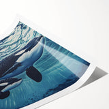 Orca-themed wall art print showcasing vibrant marine life colors, featuring a detailed illustration of an orca whale swimming gracefully, ideal for ocean lovers' decor.